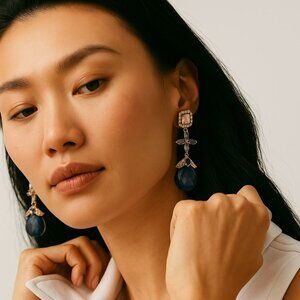 Anthropologie Navy Blue and Gold Drop Crystal Earrings